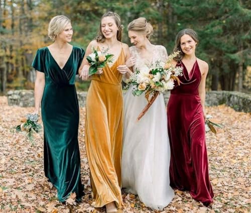 Flutter Sleeve Velvet Bridesmaids Dresses V Neck Women Wedding Long Bridesmaid Dresses for Fall4