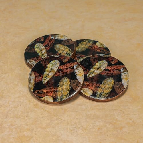Image of Ireka Home Forest Floor Coaster Set (4 Pieces) | Handcrafted Acacia Wood, Enamel Leaf Artwork, For Tea & Coffee
