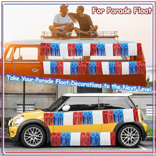 Image of 4 Pack 39 Feet Foil Fringe Garland Metallic Tinsel Streamers Banner Wall Hanging Fringe Backdrop Banner for Parade Floats Wedding Birthday Party Decoration (Royal Blue Red White)