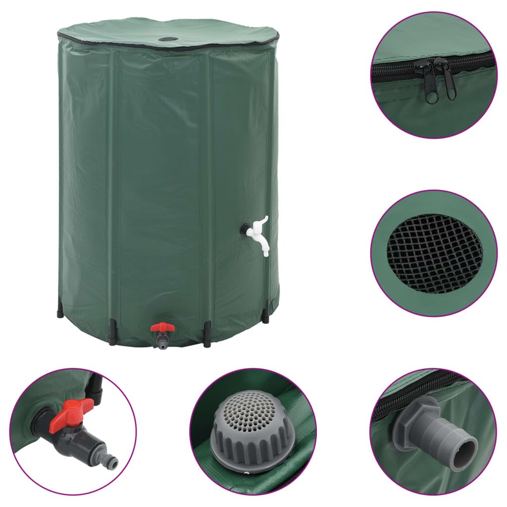 Depósito de agua de lluvia plegable 500 L, recuperador de agua plegable con filtro de malla, lona de PVC, grifo, válvula de desbordamiento, manguera de jardín y manguera de desbordamiento
