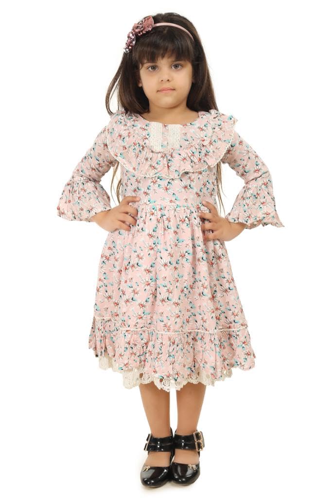 Girls Kids All Over Printed Fit n Flare Dress Pink