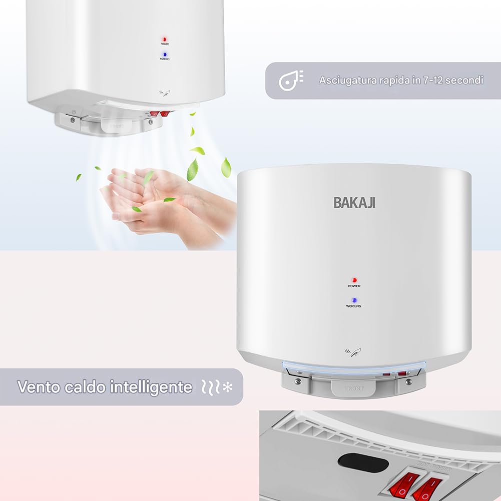 BAKAJI Asciugamani Elettrico a Parete Automatico per Bagno, Hotel, Ristorante, Bar, Asciuga Mani a Muro 1400W Compatto, Asciugatura Alta velocità Fredda e Calda, Senza Contatto per Bagni Pubblici