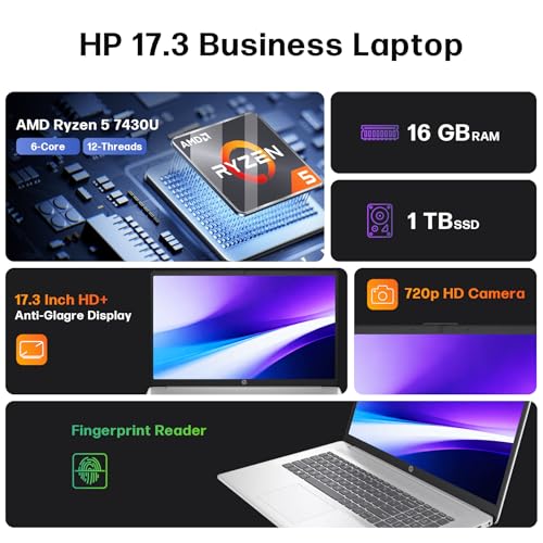 Image of HP 17 inch Touchscreen Laptop Computer 2026, 32GB RAM, 1TB SSD, AMD Ryzen 5 7430U(Max 4.3GHz), Windows 11 Pro, Copilot AI, 17.3 inch HD+ Touch Display, Wi-Fi 6, Bluetooth 5.4, HD Cam, Accessories