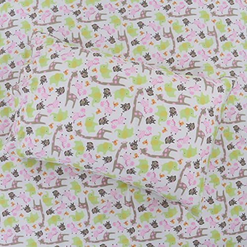 Image of 100 Cotton 3 Piece Toddler Sheet Set, Soft Breathable Crib Bedding Set for Girls Includes a Flat Sheet, a Fitted Sheet, a Pillowcase, Jungle Zoo Animal Friends Giraffe Monkey Elephant Zebra Bird Pink