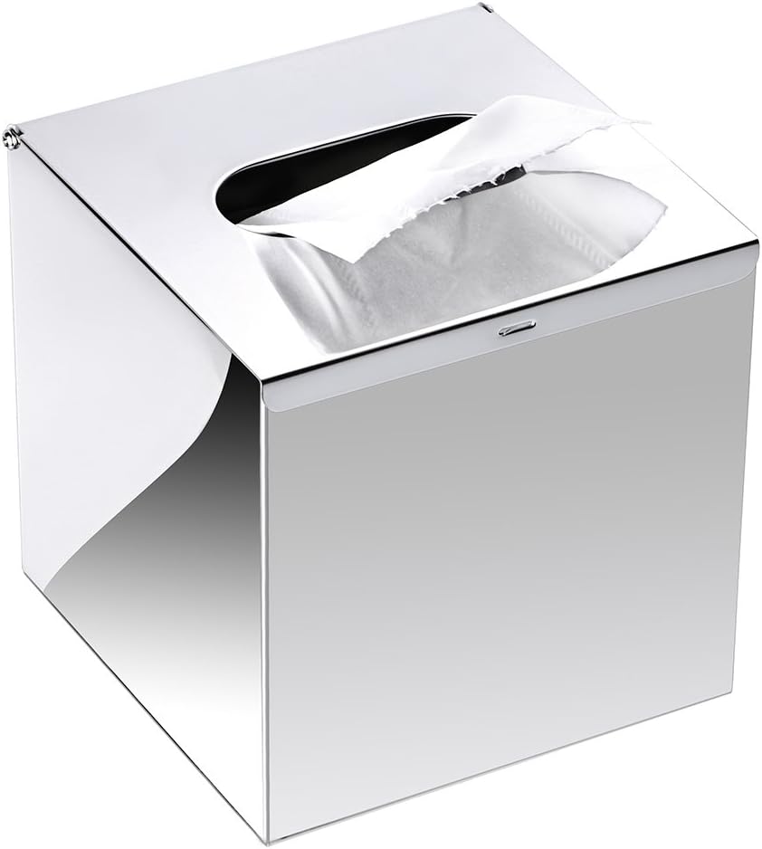 Sumnacon Square Stainless Steel Tissue Box Cover - Wall Mounted Stylish Paper Facial Cover, Modern Metal Tissue Box Holder for Bedroom/Bathroom/Vanity/Countertop/Dresser/Night Stand/Office/Car, Polish