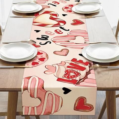 Croar Valentines Day Sweet Dessert Table Runner, Cupcake Donuts Love Hearts Kitchen Dining Table Decoration, Anniversary Wedding Burlap Indoor Outdoor Home Decor Party Supply 13 x 72 Inches Cover