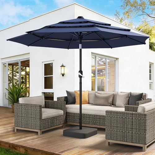 GDPFN 10FT Patio Table Umbrella Outdoor, 3 Tier Tilting Vented Windproof Market Umbrella for Outside, Outdoor Sun Shade for Inside of Pool, Deck, Backyard, Garden, Navy Blue (No Base)
