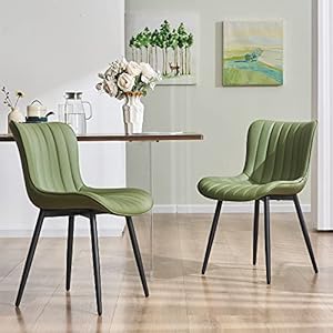 YOUNUOKE Green Dining Chairs Set of 2 Mid-Century Modern Kitchen Dining Room Chairs Armless Faux Leather Upholstered Accent Side Dinner Chair with Padded Back Metal Legs, Olive