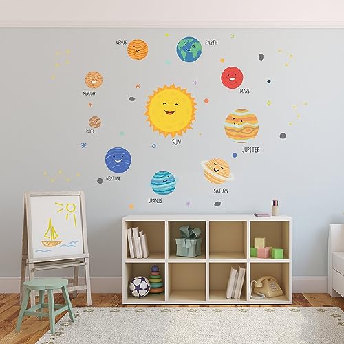 Image of Smiling Solar System Planet Galaxy Kids Room Wall Stickers Educational Learning Wall Decal Fun Character Stickers Kids Play Room Home Decor Nursery Classroom Bedroom-Self-Adhesive