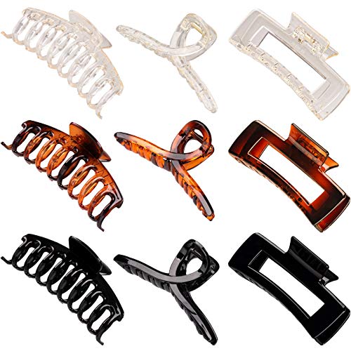 Whaline 9Pcs Large Hair Claw Clips 4.3Inch Hair Catch Clip Nonslip Jaw Clamp Clips Strong Hold Butterfly Clip Clamp Rectangle Hair Clip Hair Styling Vintage Hair Accessories for Women Girl