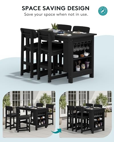 SERWALL Outdoor Bar Table and Chairs Set, 5-Piece HDPE Counter Height Patio Dining Sets with Storage and Wine Rack, Rectangular High Top Bar Table with 4 Bar Stools for Garden, Backyard, Black - Image 6
