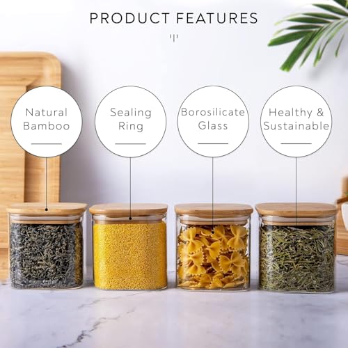 Image of Glass Food Storage Containers with Airtight Bamboo Lid, Coffee Storage Jars for Home Kitchen, Pantry Tea, Spices, Snack (SQUARE 750 ML JAR, SET OF 6)