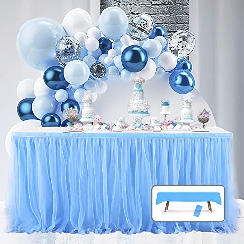 PartyWoo Table Skirt, 9ft Blue Table Skirt, Blue Tablecloth and 36 pcs Hoop Tapes, Tulle Table Skirt 3 Layers, Tutu Table Skirt for Rectangle Table, Birthday Party, Baby Shower, Wedding (5 pcs)
