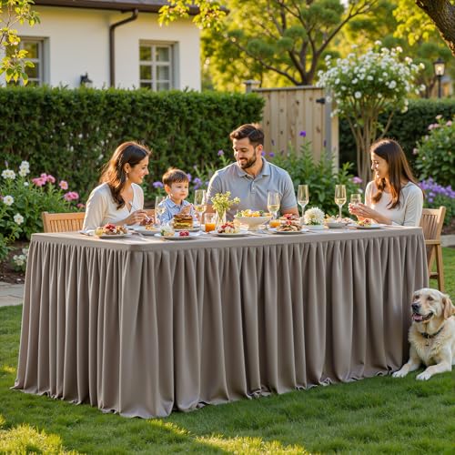 PARTISKY 1 Pack Natural Tablecloths for Rectangle Tables 6ft, Wrinkle Resistant Spandex Table Cover Fitted Stretch Table Cloth with Pleated Ruffle Skirts for Party Banquet Dining Birthday Wedding by PARTISKY - Used condition - Image 5