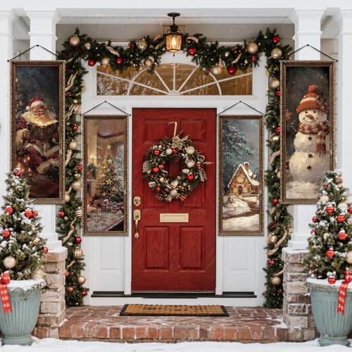 Image of Panelee 4 Pcs Vintage Christmas Porch Banners Retro Snowman Santa Winter Rustic Xmas Tree Stretching Portraits Wall Decorations Christmas Porch Sign Backdrop for Xmas Indoor Outdoor Wall Hanging Decor
