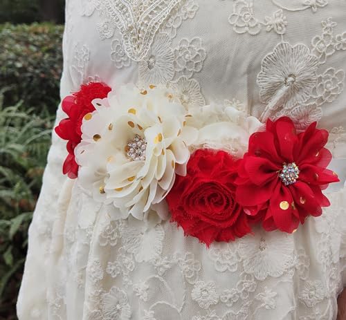 Flower Sash Belts for Women/Girls Dresses Bridal Wedding Bridesmaids Belt Maternity Pregnancy Flower Belt for Baby Shower (Red)4
