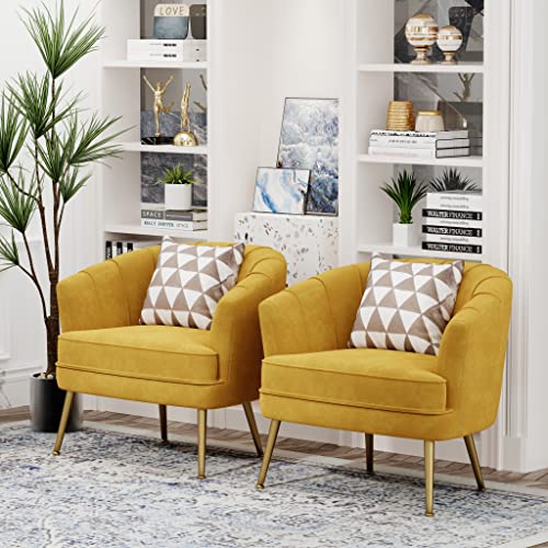 Image of Andeworld Velvet Accent Chair, Barrel Armchair, Yellow | Velvet Upholstery, Golden Metal Legs, Comfy Barrel Back, Modern Style, Living Room Bedroom Office