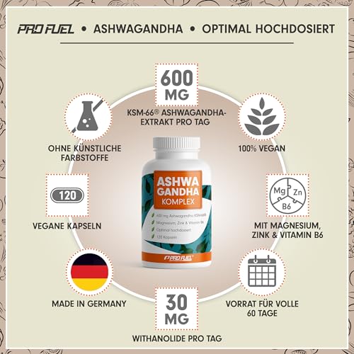 Ashwagandha Kapseln hochdosiert 120x - 600 mg Ashwagandha KSM-66® pro Tag - Komplex mit Ashwagandha-Wurzelextrakt, Magnesium, Zink, Vitamin B6 und Piperin - laborgeprüft mit Zertifikat - 100% vegan
