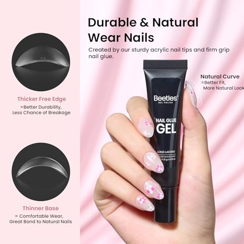 Image of Beetles Gel Nail Kit Short Almond, with Dehydrator and Primer, 576Pcs Half Matte Etch-X Gel Nail Tips Solid Nail Glue Mini Lamp Acrylic Tips Easy DIY Extension Set Gift for Women