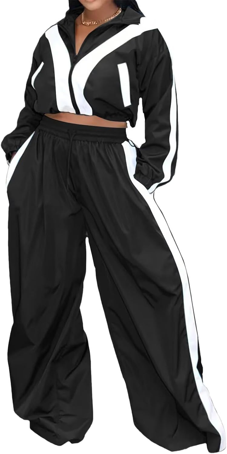 Women Striped 2 Piece Outfits Fall Workout Sets Windbreaker Tracksuit Crop Jacket Wide Leg Pants with Pockets