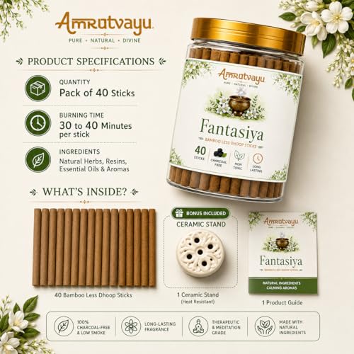 Image of Fantasiya Dhoop Sticks 4 inch 6mm BambooLess Incense for Pooja 40 Sticks | No Charcoal Sticks with Holder Stand | Home, Mediation Relaxation