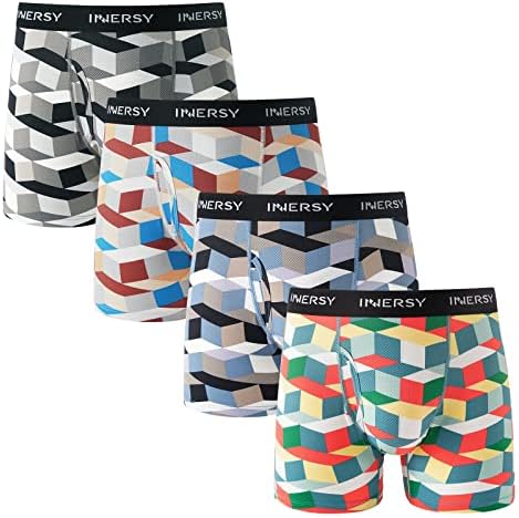 INNERSY Men's Mesh Boxer Briefs Cooling Breathable Sports Underwear W/Fly 4-Pack(Geometrical Patterns,Large)