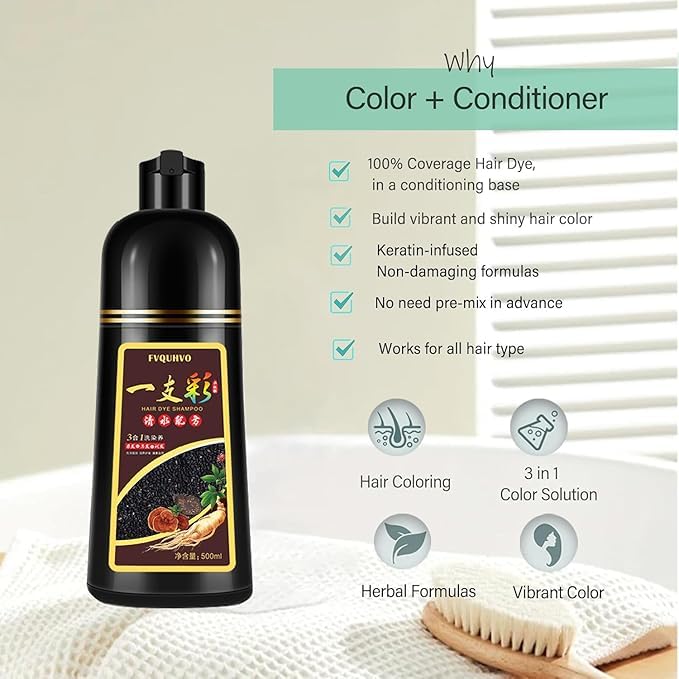 Fvquhvo 3-in-1 Herbal Hair Dye Shampoo, Instant Hair Color