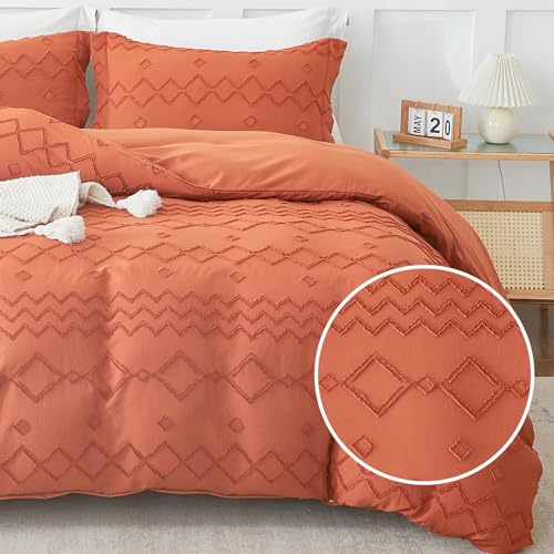 Image of EMME Duvet Cover Queen Size, Boho Tufted Comforter Cover, 3 Pieces Embroidery Chic Bedding Set for All Seasons, 1 Duvet Cover + 2 Pillowcases (Pumpkin, Queen)