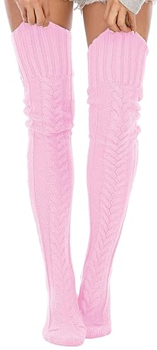 Leoparts Women's Cable Knitted Thigh High Boot Socks Extra Long Winter Stockings Over Knee Leg Warmers - 626-pink - One Size