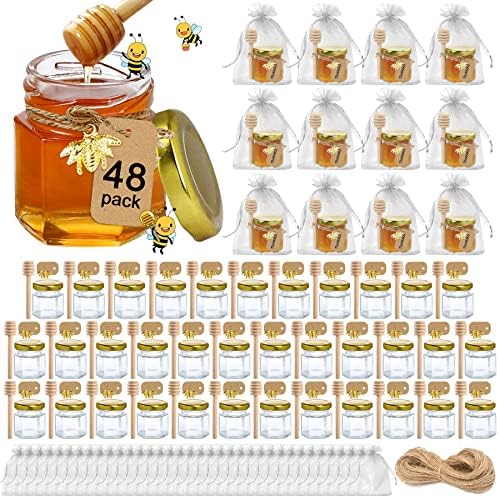 Aliggbent Honey Jars,48 Pack Mini Honey Jars Party Favors in Bulk, 1.5 oz Hexagon Small Glass Honey Jars with Dipper, Gold Lids, Cute Bee Pendants, Gift Bags and Jute for Baby Shower, Wedding Favors