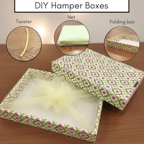 Image of SATYAM KRAFT 3 Pcs Multipurpose Decorative Folding Gift Box, Gift hampers | Paper Gift Hamper Boxes for wedding Birthday Return Gifts, Sweets, DIY Craft | Rectangular Cardboard Tray with Net (Green)
