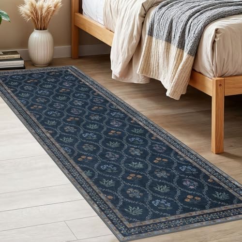 KILOCOCO 2x6 Runner Rug, Moroccan Super Soft Washable Hallway Entryway Runner Rug, Accent Print Faux Wool Kitchen Runner Rug 6 Feet Non-Slip Boho Rug Runner for Laundry Room Bedroom, Navy Blue