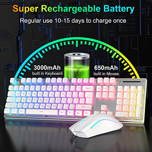 Wireless Gaming Keyboard And Mouse Combo,Translucent Pudding Keycap,3650Mah Rechargeable Battery,Rgb Ergonomic Mechanical Feel Keyboard,4800 Dpi Rainbow Led Mute Mouse 2.4G Usb For Pc/Mac(White) #TOP5