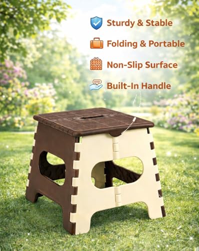 Image of PulGos Set-2, 12-Inch Super Strong Folding Step Stool for Adults & Kids - Foldable Sitting Stool for Home, Kitchen, Garden, Travel - Durable Plastic Feces for Home Use (Brown, White)