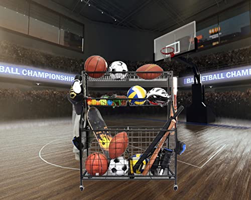 Garage-Sports-Equipment-Organizer-Ball-Storage-Rack-Sports-Gear-Basketball-Storage-with-Baskets-and-Hooks-Outdoor-Heavy-Duty-Storage-Rolling-Cart-Football-Rugby-Organizer Garage Sports Equipment Organizer Ball Storage Rack Sports Gear Basketball Storage with Baskets and Hooks Outdoor Heavy Duty Storage Rolling Cart Football Rugby Organizer