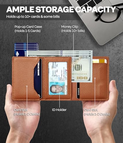 Mens Smart Wallet for AirTag, Pop-up Wallet Slim Minimalist Compatible with Apple Air Tag Holder,Genuine Leather RFID Blocking| 9-14 Card Capacity | ID Window | Cash Slot2