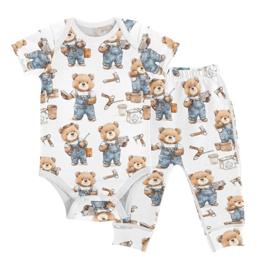 vvfelixl Baby Layette Sets Clothes,Cute Bear Repairman Baby Bodysuits Set,Unisex Babys Pants Sets Short Sleeve 12-18M