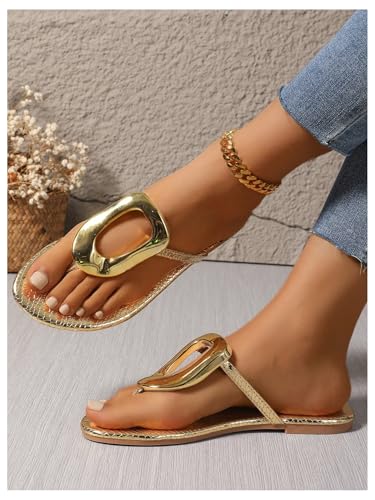 Image of GORGLITTER Women's Gold Flip Flops Square Toe Summer Sandals 2026 Wedding Dressy Vacation Beach Slides Shoes
