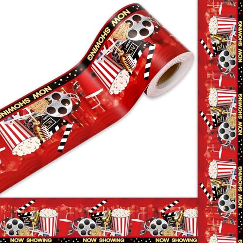 Image of Whaline 32.8Ft Movie Night Bulletin Board Border Red Black Now Showing Die Cut Trim Border Roll for Classroom Chalkboard Wall Decor