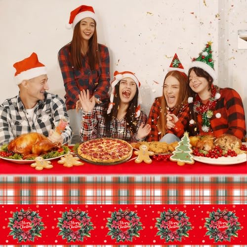 Plastic Christmas Tablecloth 54x108 Inch 3-Piece Set,Disposable Festive Red Poinsettia Pattern Holiday Dining Table Cloth for Christmas Party & Baby Shower Decorations – Image 6