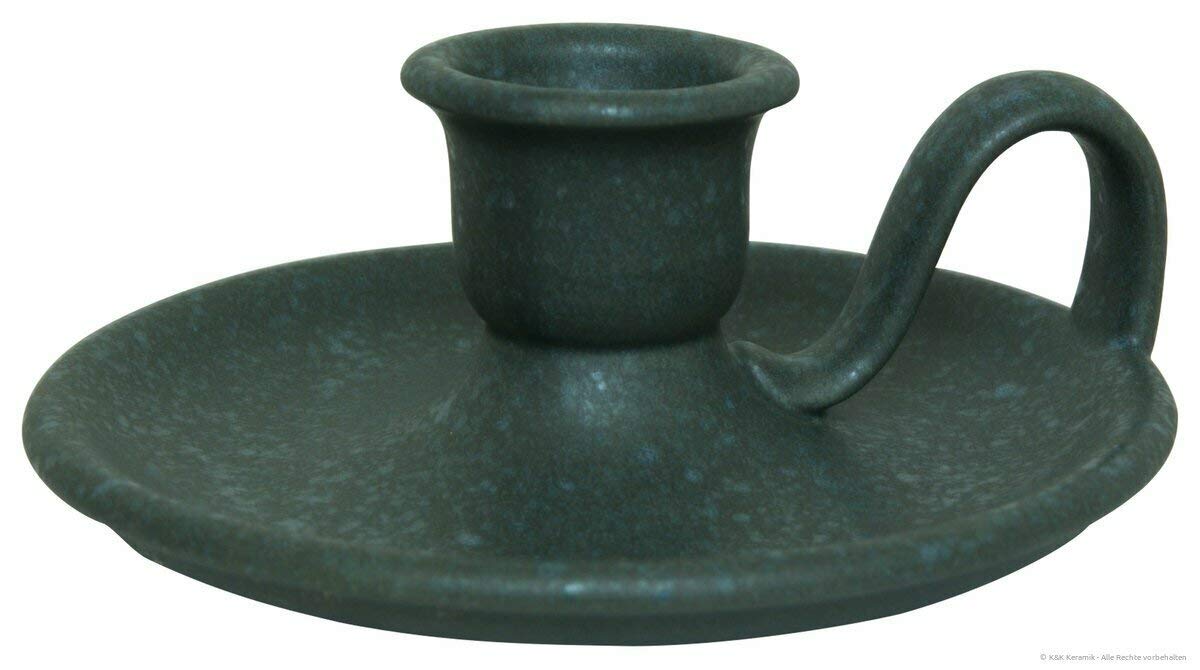 Bougeoir en céramique Bunzlauer vert retro 14,5x5,5 cm décor gesprenkel
