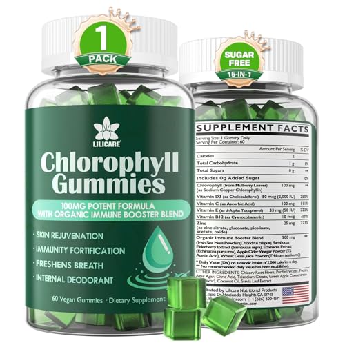Chlorophyll Gummies - Super Green with Wheat Grass Sea Moss Unfiltered ACV & Elderberry Echinacea Zinc Complex & Vitamin D3 C E B12 for Natural Deodorant Immune & Digestion Support 60 Chews