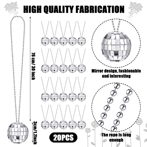 Sureio 20 Pcs Mirror Disco Ball Costume Necklaces 70s Disco Silver Hanging Balls Ornament Stage Props Party Favor Halloween Decoration for Dance Supplies(1.18 Inch)2