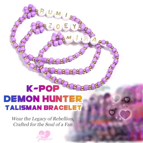 AICase for Kpop Demon Hunters Merch Rumi Zoey Mira Inspired Bracelets 3 Pcs Stackable Stretch Friendship Beaded Bracelets for Huntrix k pop Unique Merchandise Jewelry Gifts for Fans Women Men_Purple3