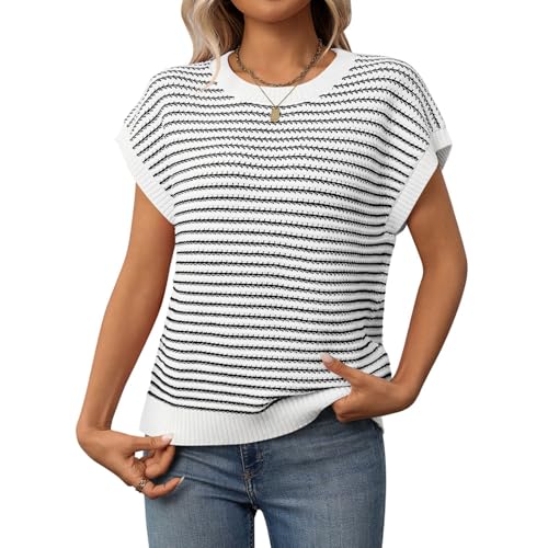 Women's Short Sleeve Knit Sweater Tops Trendy Crewneck Striped Pullover Vest 2025 Summer Spring Vacation Shirt Blouses