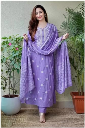 Image of BHARVITA Women's Cotton Embroidered Chikankari Work Straight Kurta Dupatta Pant Set