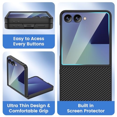 Image of Ruky for Z Flip 7 Case, with Built-in Back Screen Protector, Carbon Fiber | Support Wireless Charging, Anti-Scratches Shockproof Hard PC Ultra-Thin Phone Case for Samsung Galaxy Z Flip 7, Carbon Fiber