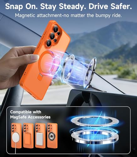 Image of DIZORO Polycarbonate Magnetic Ostand Ring Case, Compatible with Samsung Galaxy S26 Ultra Case Compatible with Wireless Charging,Military Grade Drop Tested,Translucent Hard Back Soft Edge (Orange)