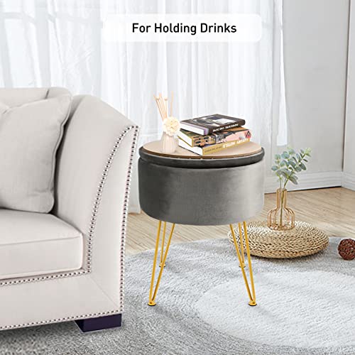 Ecomex Velvet Round Ottoman With Storage, Metal Legs, Coffee Table Tray Cover Footstool Makeup Vanity Stool Modern Furniture For Living Room Bedroom, Grey #TOP5