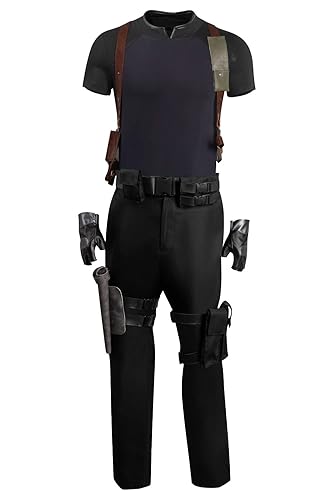 YANVS RE4 Remake Men Leon Scott Kennedy Costume Suit Halloween Cosplay Leon Kennedy Brown Leather Jacket Full Set - Large - Black